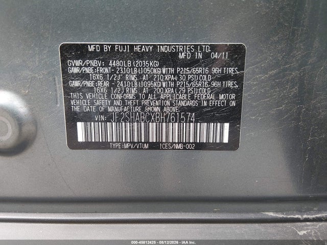 Aukcja sprzedaży 2011 Subaru Forester 2.5x, vin: JF2SHABCXBH761574, numer aukcji: 45812425