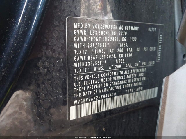 45812427 :رقم المزاد ، WVGBV7AX2HK046410 vin ، 2017 Volkswagen Tiguan 2.0t/2.0t S مزاد بيع
