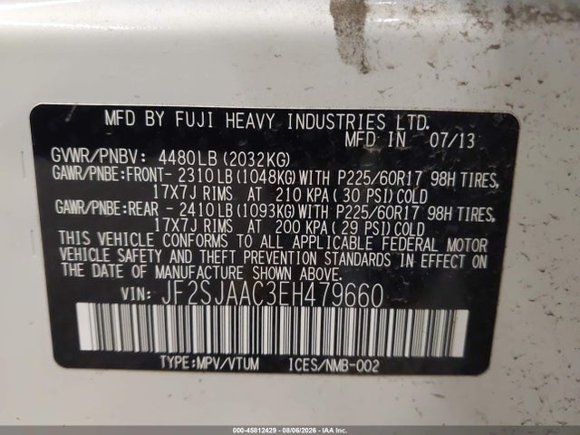 2014 Subaru Forester 2.5i მანქანა იყიდება აუქციონზე, vin: JF2SJAAC3EH479660, აუქციონის ნომერი: 45812429