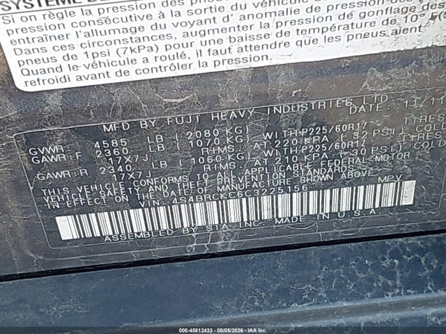 45812433 :رقم المزاد ، 4S4BRCKC6C3225156 vin ، 2012 Subaru Outback 2.5i Limited مزاد بيع