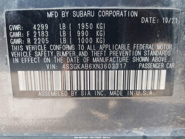 Aukcja sprzedaży 2022 Subaru Impreza Base, vin: 4S3GKAB6XN3603317, numer aukcji: 45812451