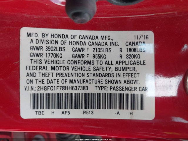 2HGFC1F78HH637383 Honda Civic Ex-l