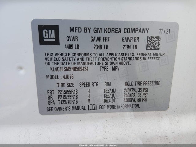 Продажа на аукционе авто 2022 Buick Encore Awd Preferred, vin: KL4CJESM5NB509434, номер лота: 45812456