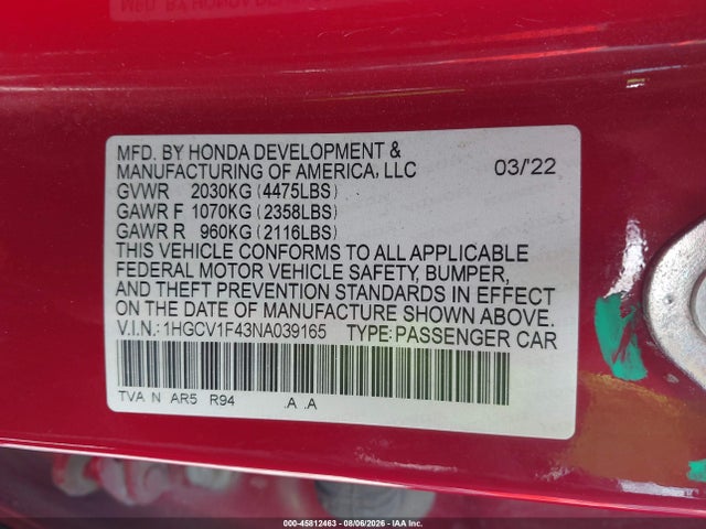 45812463 :رقم المزاد ، 1HGCV1F43NA039165 vin ، 2022 Honda Accord Sport Special Edition مزاد بيع