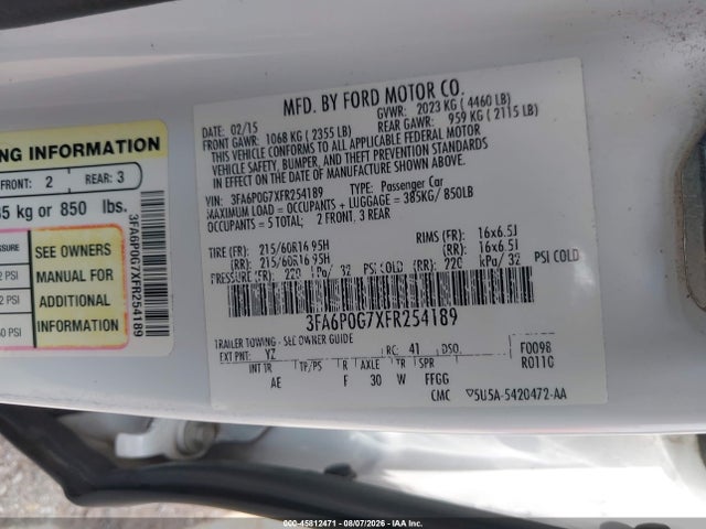 2015 Ford Fusion S მანქანა იყიდება აუქციონზე, vin: 3FA6P0G7XFR254189, აუქციონის ნომერი: 45812471