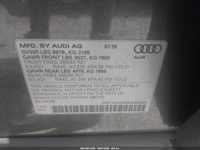 Aukcja sprzedaży 2019 Audi E-tron Premium Plus, vin: WA1VAAGE9KB005824, numer aukcji: 45812485