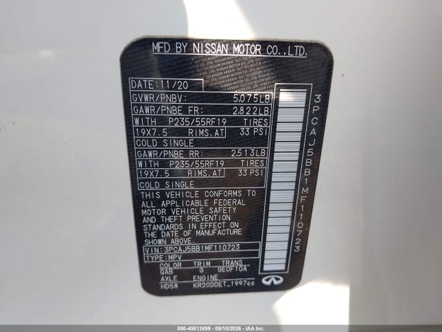 Auction sale of the 2021 Infiniti Qx50 Luxe Awd, vin: 3PCAJ5BB1MF110723, lot number: 45812499