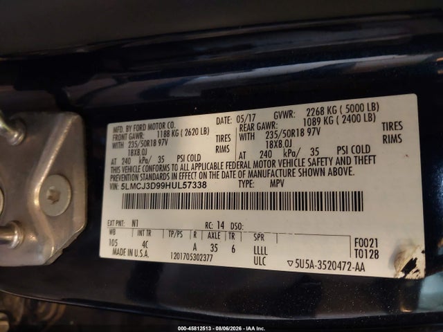 45812513 :رقم المزاد ، 5LMCJ3D99HUL57338 vin ، 2017 Lincoln Mkc Reserve مزاد بيع