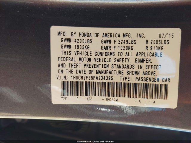 Honda ACCORD LX 2015 1HGCR2F35FA234395 Image 9