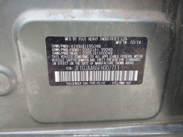 2015 Subaru Impreza 2.0i მანქანა იყიდება აუქციონზე, vin: JF1GJAA66FH002713, აუქციონის ნომერი: 45812517