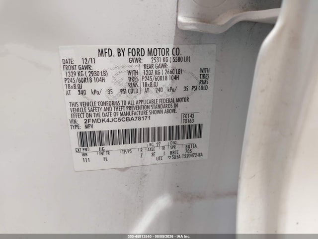2012 Ford Edge Sel მანქანა იყიდება აუქციონზე, vin: 2FMDK4JC5CBA78171, აუქციონის ნომერი: 45812540