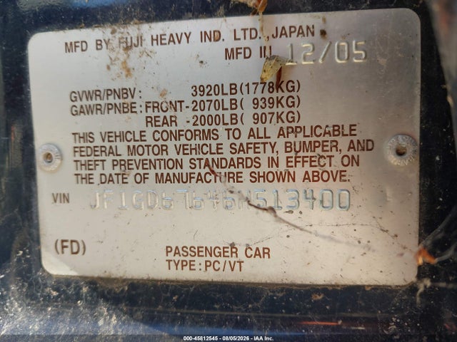 45812545 :رقم المزاد ، JF1GD67646H513400 vin ، 2006 Subaru Impreza 2.5i مزاد بيع