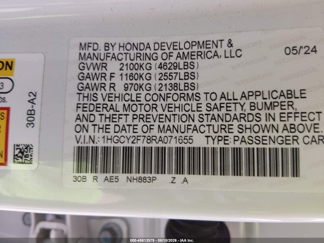 Продаж на аукціоні авто 2024 Honda Accord Hybrid Sport-l, vin: 1HGCY2F78RA071655, номер лоту: 45812579