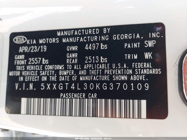 KIA Optima S 2019 5XXGT4L30KG370109 Image 9