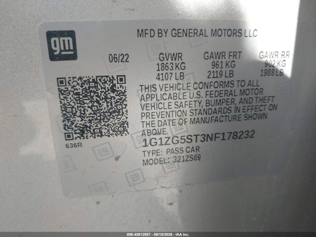 Aukcja sprzedaży 2022 Chevrolet Malibu Fwd Rs, vin: 1G1ZG5ST3NF178232, numer aukcji: 45812587