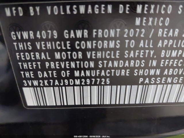 2013 Volkswagen Jetta 2.0l S მანქანა იყიდება აუქციონზე, vin: 3VW2K7AJ9DM297725, აუქციონის ნომერი: 45812590