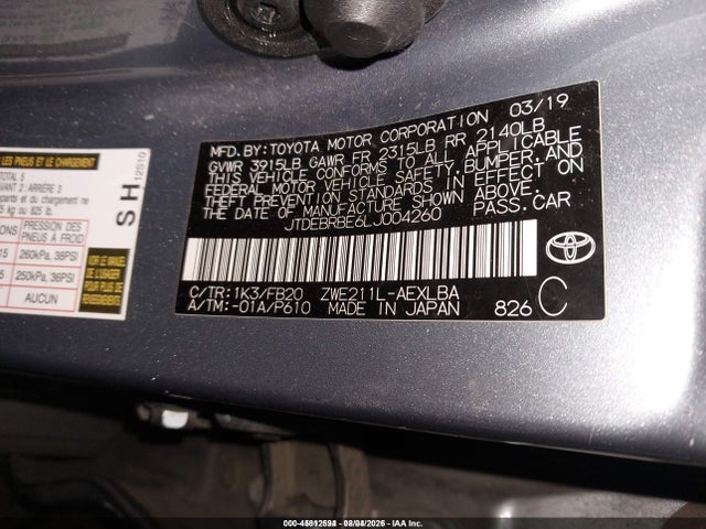 JTDEBRBE6LJ004260 Toyota Corolla Hybrid Le