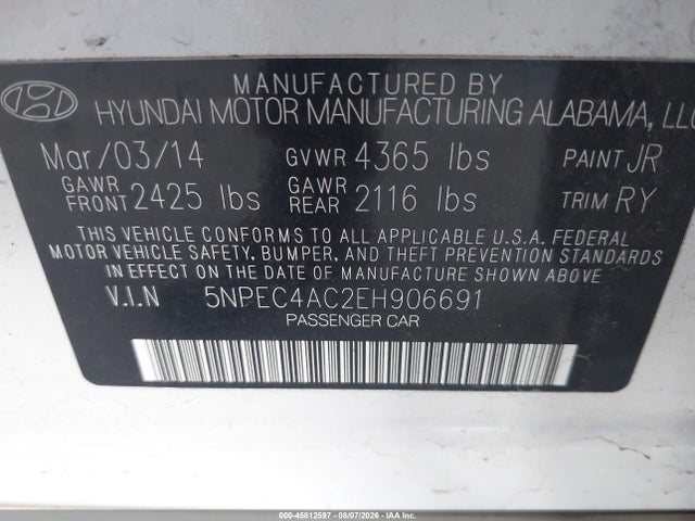 Hyundai Sonata Limited 2014 5NPEC4AC2EH906691 Image 9