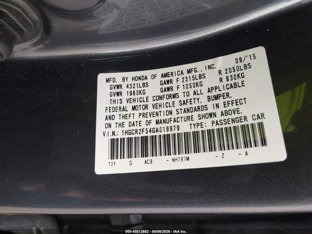 45812602 :رقم المزاد ، 1HGCR2F54GA019979 vin ، 2016 Honda Accord Sport مزاد بيع