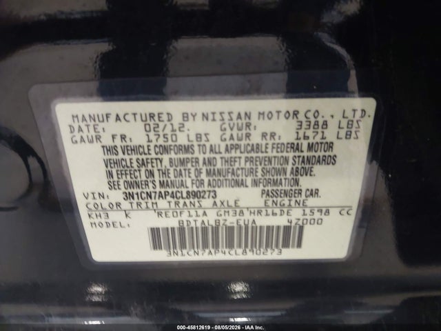 Aukcja sprzedaży 2012 Nissan Versa 1.6 Sv, vin: 3N1CN7AP4CL890273, numer aukcji: 45812619