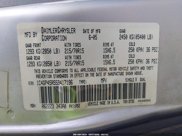 45812624 :رقم المزاد ، 1C4GP45R55B417196 vin ، 2005 Chrysler Town & Country مزاد بيع