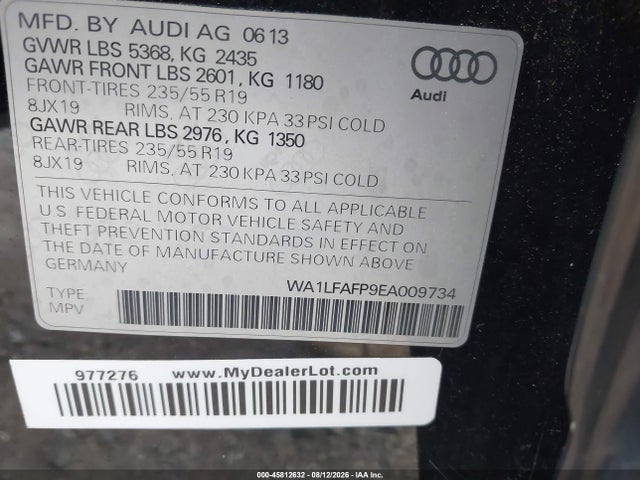 45812632 :رقم المزاد ، WA1LFAFP9EA009734 vin ، 2014 Audi Q5 2.0t Premium مزاد بيع
