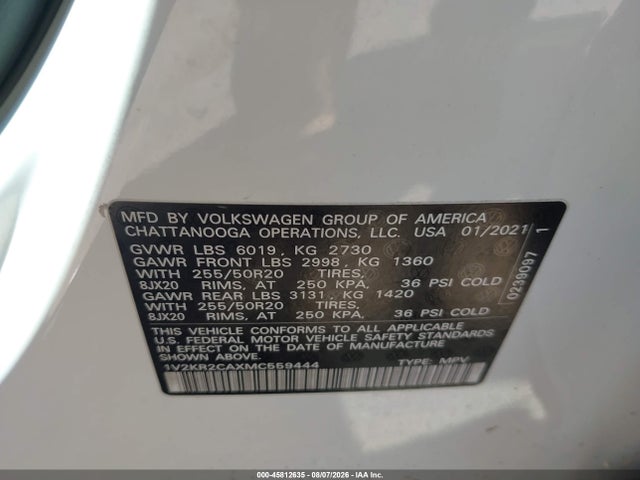 Aukcja sprzedaży 2021 Volkswagen Atlas 3.6l V6 Se W/technology, vin: 1V2KR2CAXMC559444, numer aukcji: 45812635