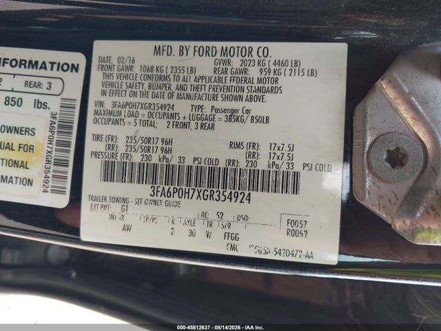 45812637 :رقم المزاد ، 3FA6P0H7XGR354924 vin ، 2016 Ford Fusion Se مزاد بيع