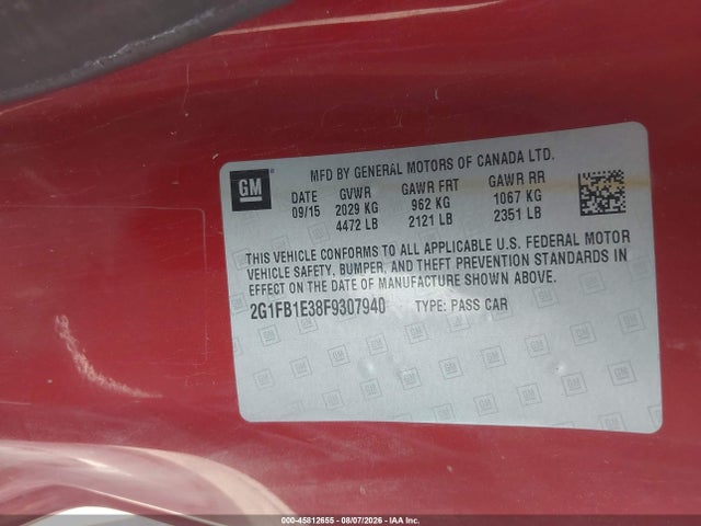 45812655 :رقم المزاد ، 2G1FB1E38F9307940 vin ، 2015 Chevrolet Camaro 2ls مزاد بيع