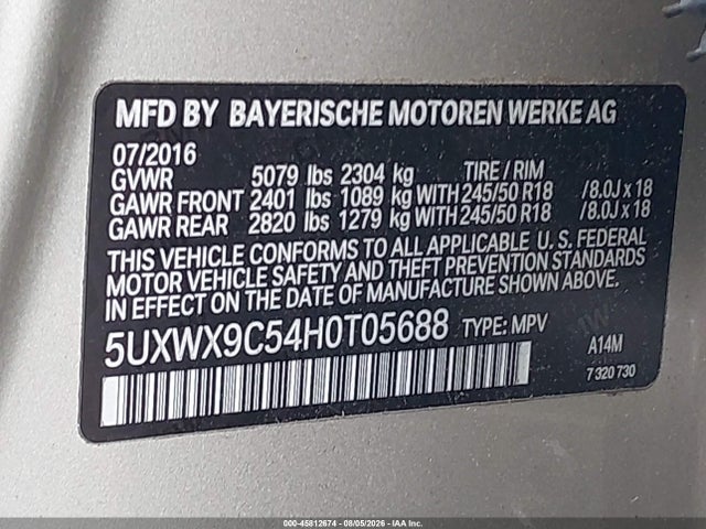 Aukcja sprzedaży 2017 Bmw X3 Xdrive28i, vin: 5UXWX9C54H0T05688, numer aukcji: 45812674