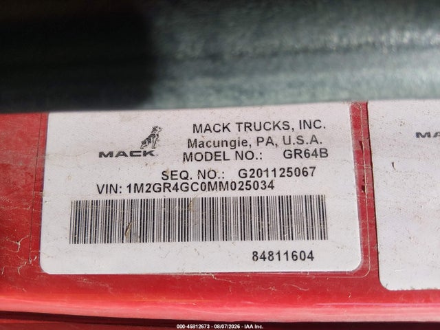 Продажа на аукционе авто 2021 Mack Granite, vin: 1M2GR4GC0MM025034, номер лота: 45812673