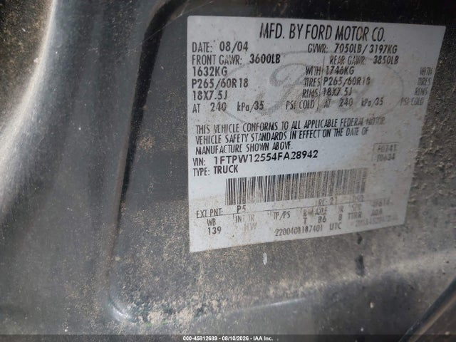 45812689 :رقم المزاد ، 1FTPW12554FA28942 vin ، 2004 Ford F-150 Lariat/xlt مزاد بيع