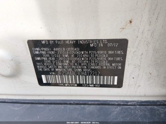 Aukcja sprzedaży 2013 Subaru Forester 2.5x, vin: JF2SHABC3DH412212, numer aukcji: 45812691