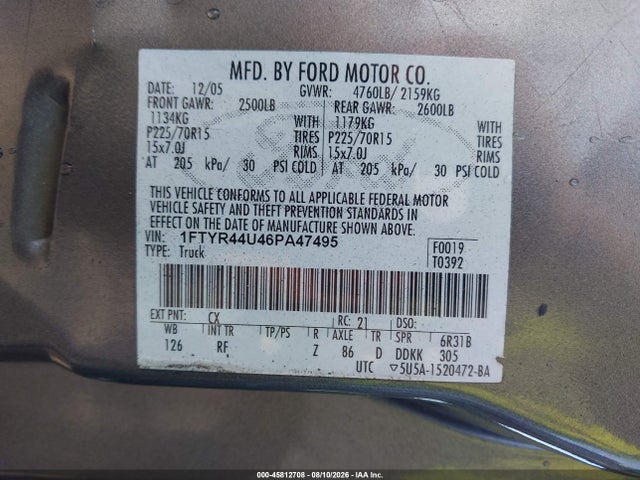 45812708 :رقم المزاد ، 1FTYR44U46PA47495 vin ، 2006 Ford Ranger Sport/stx/xlt مزاد بيع
