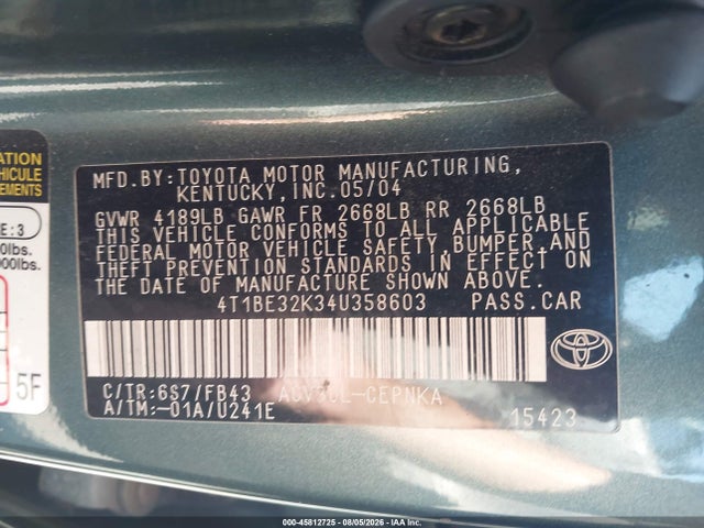 Aukcja sprzedaży 2004 Toyota Camry Le, vin: 4T1BE32K34U358603, numer aukcji: 45812725