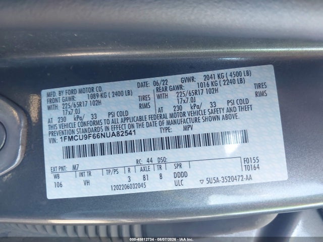 Auction sale of the 2022 Ford Escape S, vin: 1FMCU9F66NUA82541, lot number: 45812734
