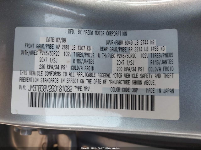 Aukcja sprzedaży 2009 Mazda Cx-9 Grand Touring, vin: JM3TB38V290181082, numer aukcji: 45812752