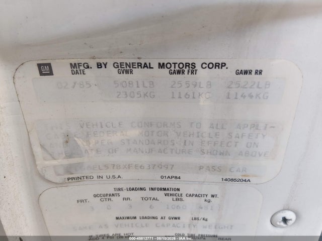 45812771 :رقم المزاد ، 1G6EL578XFE637997 vin ، 1985 Cadillac Eldorado مزاد بيع
