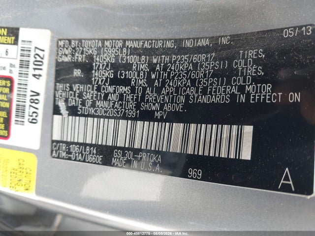 45812775 :رقم المزاد ، 5TDYK3DC2DS371991 vin ، 2013 Toyota Sienna Xle V6 8 Passenger مزاد بيع