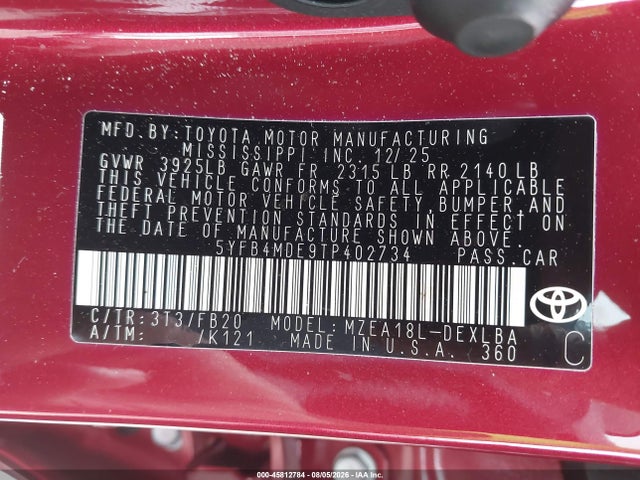 Aukcja sprzedaży 2026 Toyota Corolla Le, vin: 5YFB4MDE9TP402734, numer aukcji: 45812784