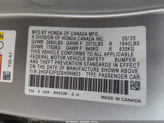 Honda Civic Sport 2025 2HGFE2F52SH599803 Image 9