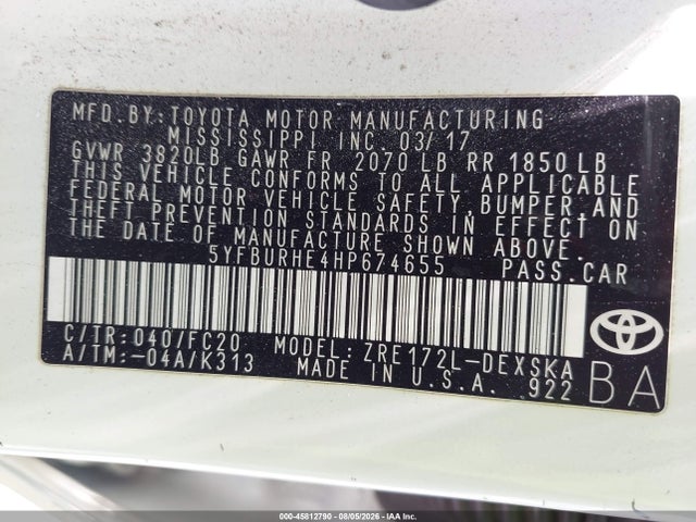 Toyota COROLLA SE 2017 5YFBURHE4HP674655 Image 9
