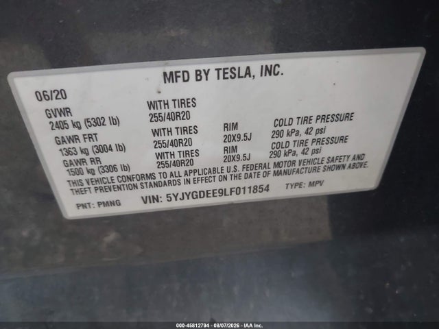 5YJYGDEE9LF011854 Tesla Model Y Long Range Dual Motor All-wheel Drive