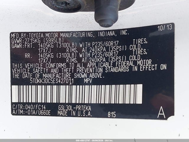 5TDKK3DC5ES427011 Toyota Sienna Le V6 8 Passenger