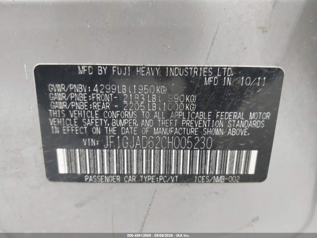 Продажа на аукционе авто 2012 Subaru Impreza 2.0i Premium, vin: JF1GJAD62CH005230, номер лота: 45812800