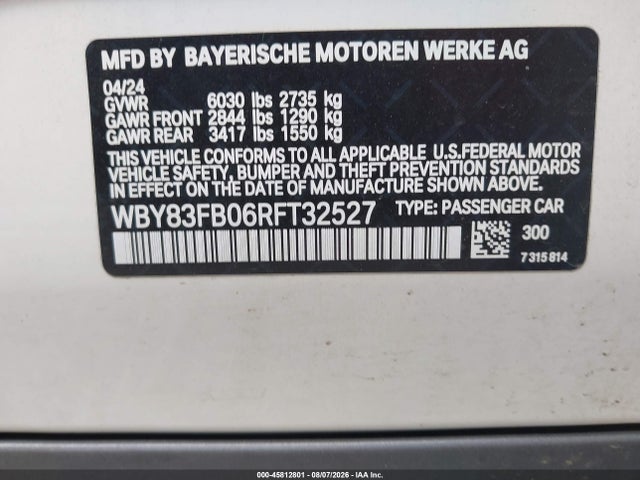 Продаж на аукціоні авто 2024 Bmw I4 Gran Coupe Xdrive40, vin: WBY83FB06RFT32527, номер лоту: 45812801