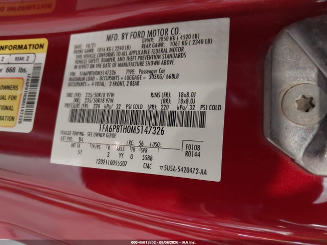 2021 Ford Mustang Ecoboost Premium Fastback მანქანა იყიდება აუქციონზე, vin: 1FA6P8TH0M5147326, აუქციონის ნომერი: 45812802