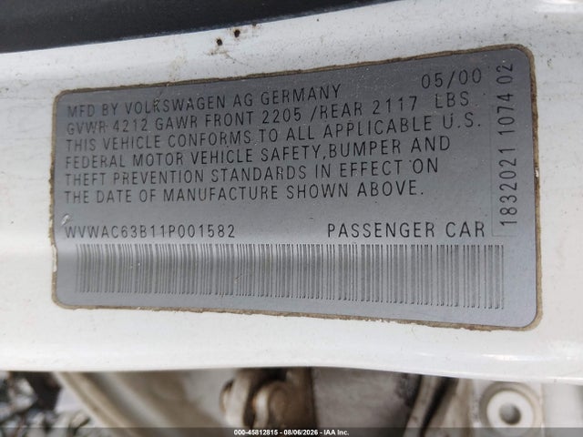 2001 Volkswagen Passat Gls მანქანა იყიდება აუქციონზე, vin: WVWAC63B11P001582, აუქციონის ნომერი: 45812815