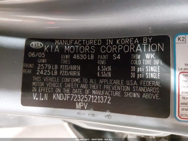 Продаж на аукціоні авто 2005 Kia Sportage Ex V6/lx V6, vin: KNDJF723257121372, номер лоту: 45812817