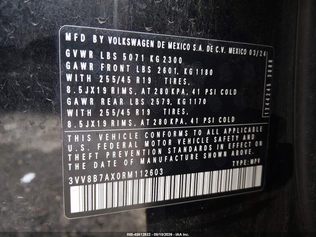 45812822 :رقم المزاد ، 3VV8B7AX0RM112603 vin ، 2024 Volkswagen Tiguan 2.0t Se R-line Black مزاد بيع